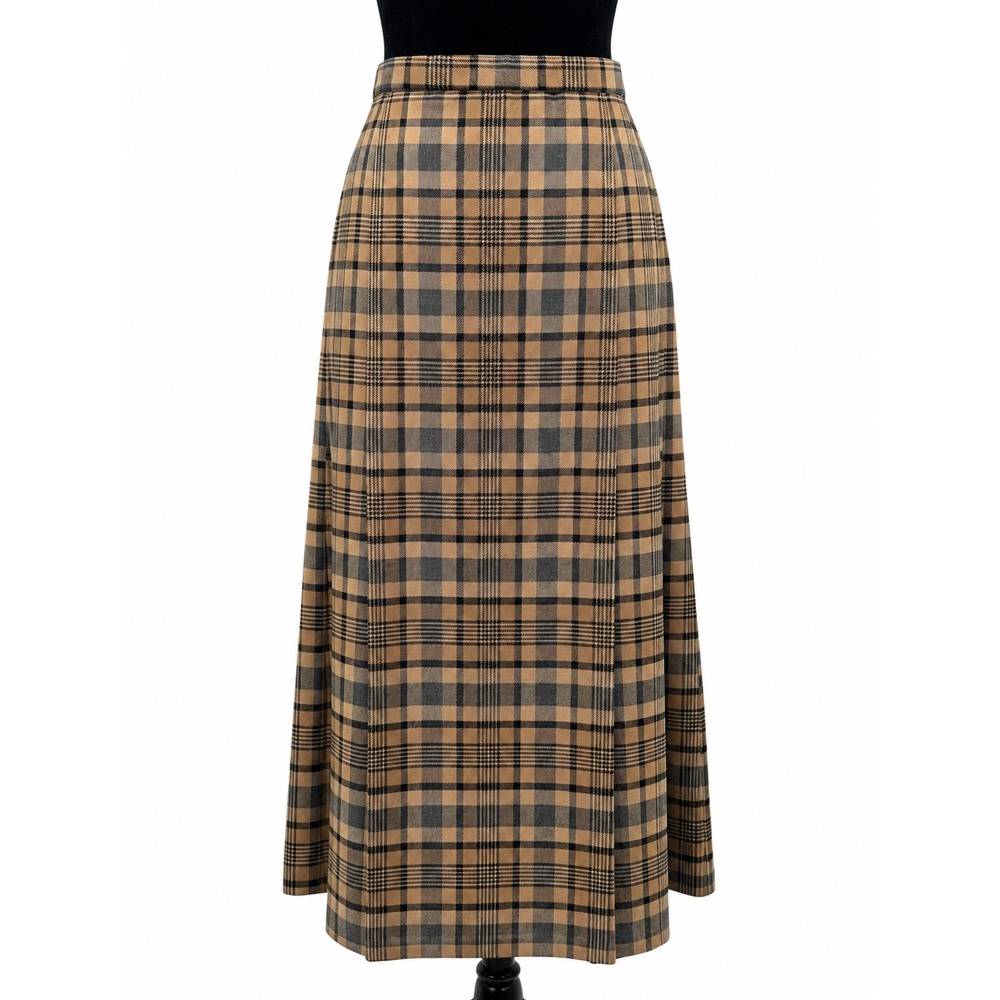 Pendleton Womens 16 Plaid Wool Midi Skirt Tan Black Gray A Line Classic USA